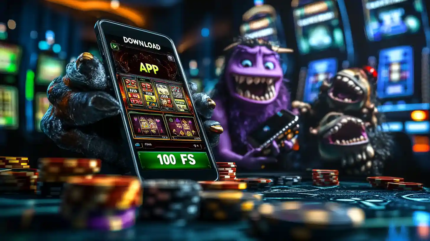 A mobile phone showing a casino app download offer for 100 Free Spins (FS), with fun monster characters playing in the background.
