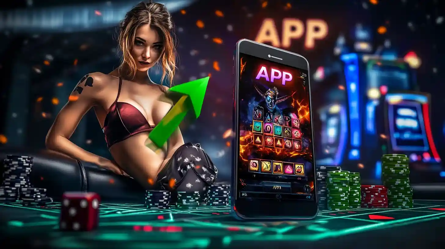 A woman at a casino table with a smartphone showing a game app, with a large green arrow pointing up to signify winning and increasing profits.