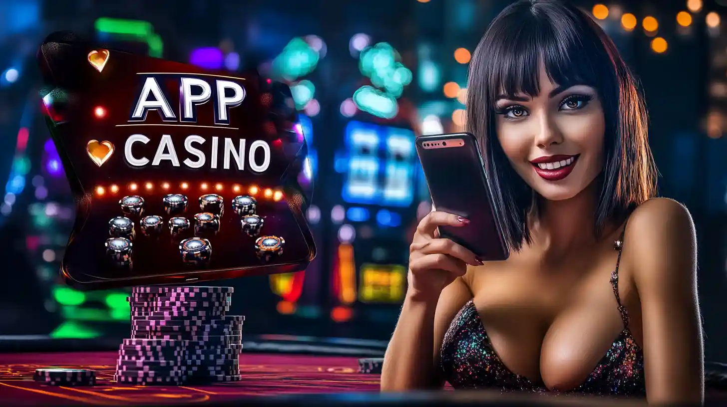 A glamorous woman with a smartphone smiling at a casino table, next to a floating APP CASINO sign and stacks of poker chips.