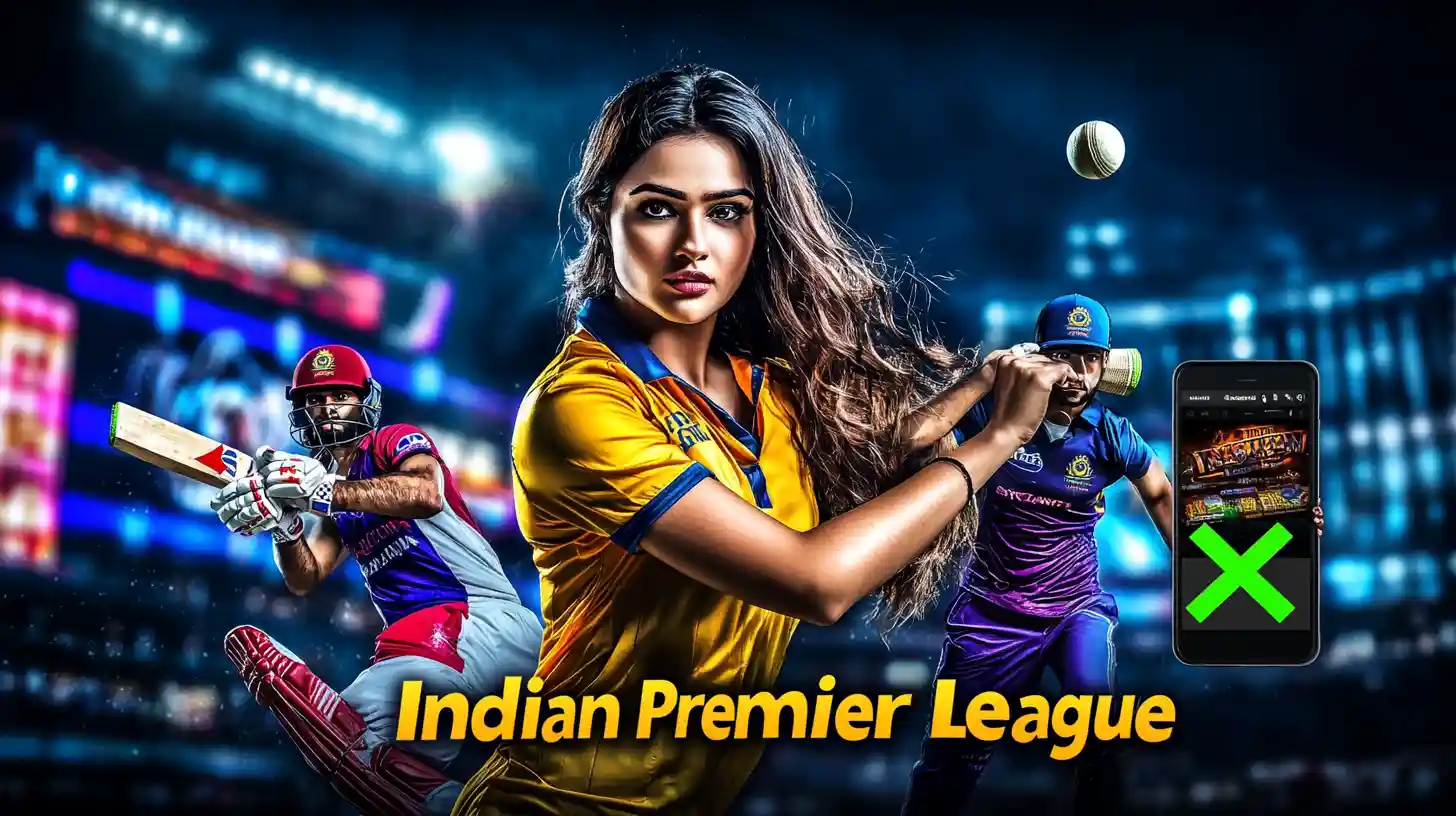 A promotional image for betting on the Indian Premier League (IPL), featuring dynamic cricket players and a woman in a team jersey.
