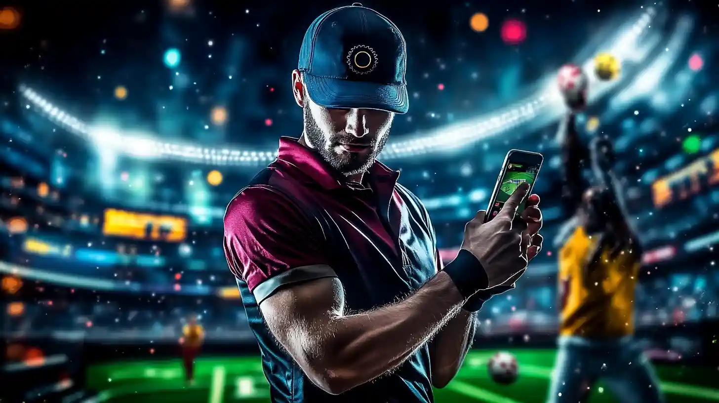 A man intensely placing a bet on a football game using his smartphone, with a live match happening in the stadium behind him.