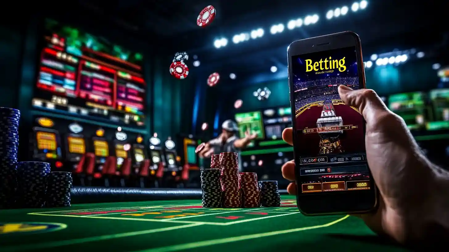 A person holding a smartphone with a betting app open, set against a vibrant casino floor with game tables, chips, and slot machines.