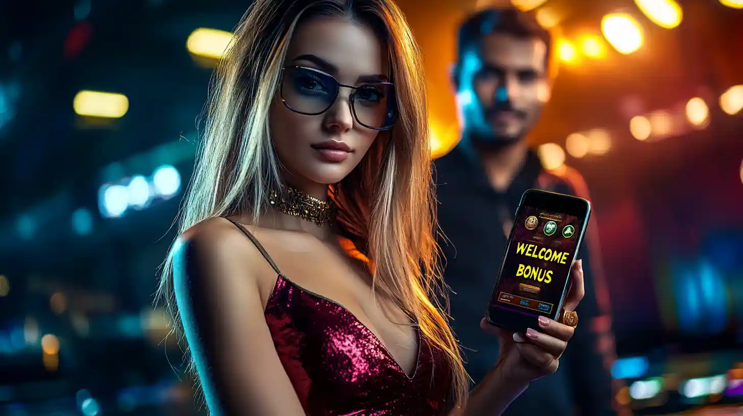 A stylish woman in a red dress and glasses holds a smartphone displaying a Welcome Bonus offer for a casino app in a VIP setting.
