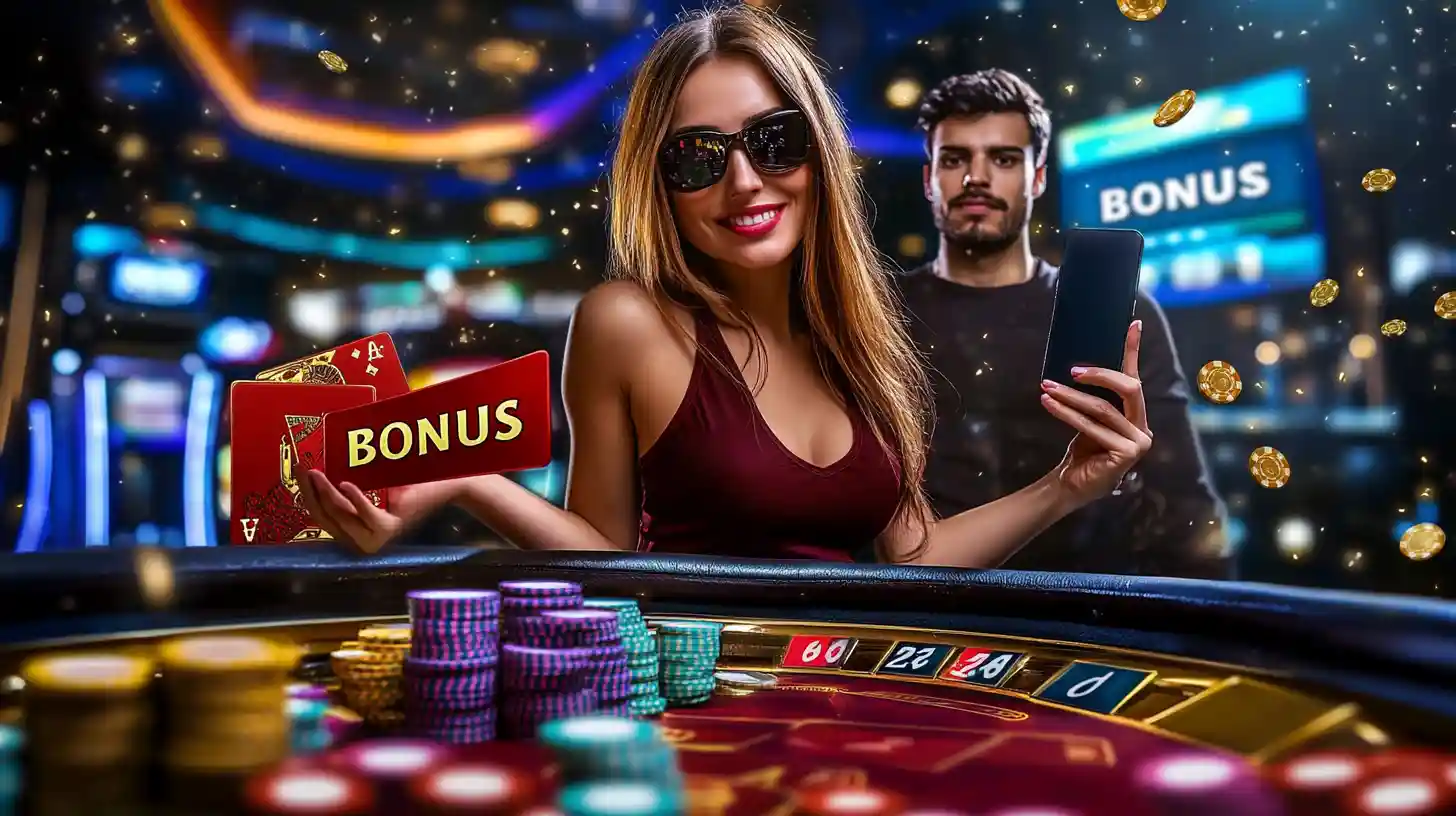 A happy woman at a roulette table holds a BONUS card with two aces, promoting a generous casino bonus with falling gold coins.