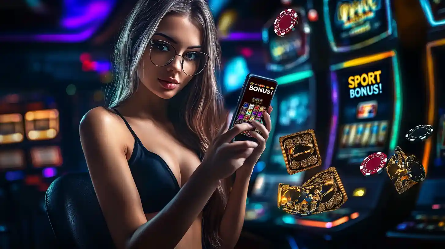 A woman with glasses holds a smartphone with a slots bonus, surrounded by floating cards and promotions for both casino and sports betting bonuses.