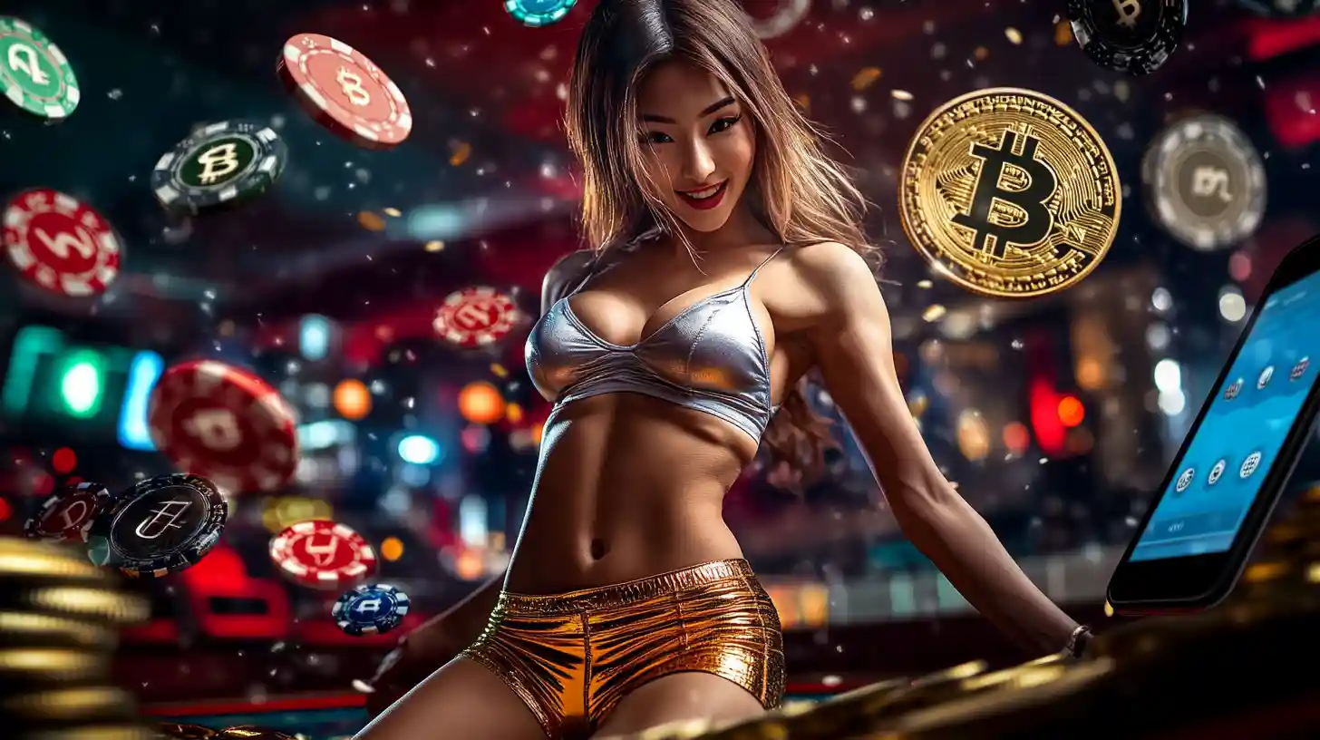 An attractive woman in a dynamic casino setting surrounded by floating Bitcoin casino chips, showcasing the excitement of online crypto gambling.