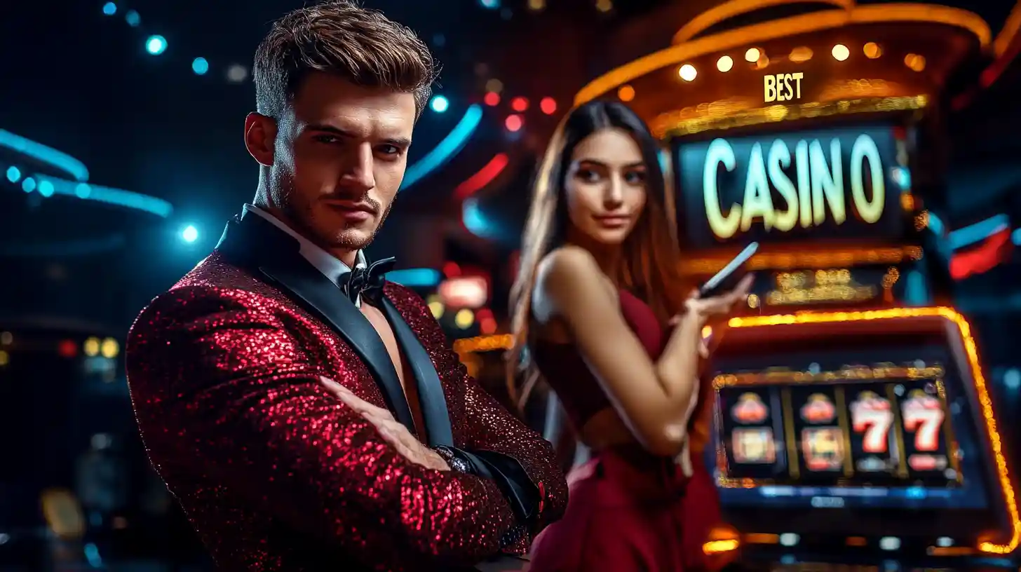 A stylish man in a red sequin tuxedo jacket and a woman in a glamorous casino, representing a high-roller VIP experience.