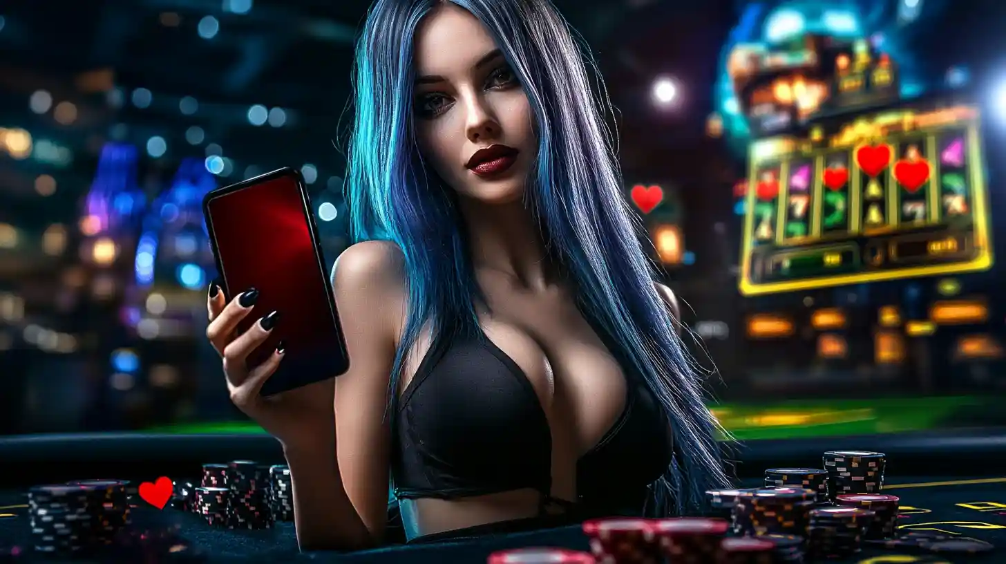 A glamorous woman with blue hair holding a smartphone at a casino table, ready to play online poker and slots on a mobile app.