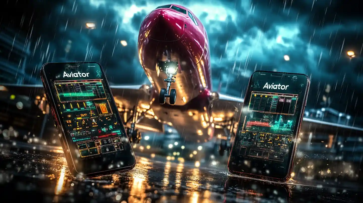 Two smartphones showcasing the Aviator casino game interface, with a dramatic background of an airplane on a rainy runway at night.