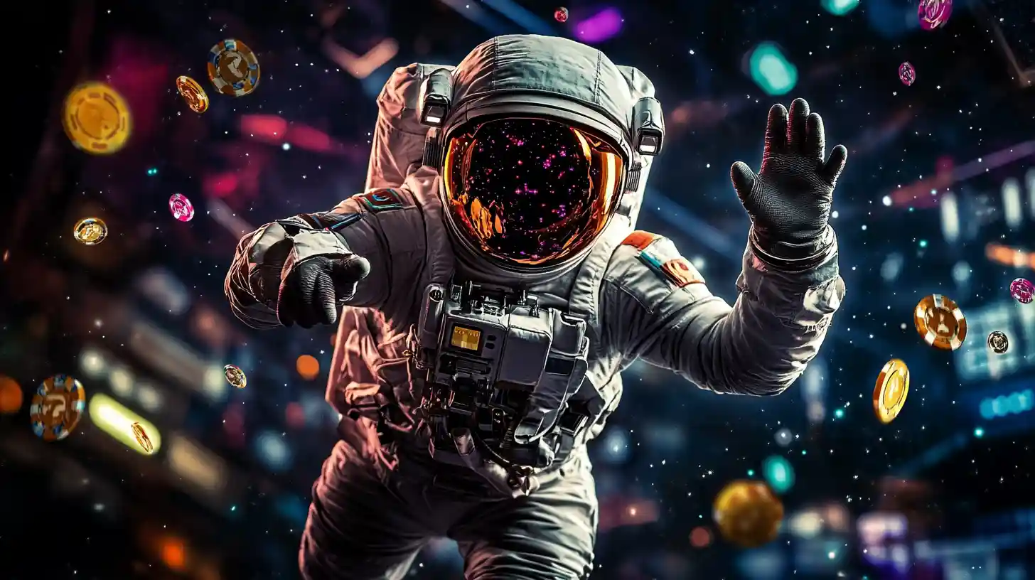 An astronaut floating in space surrounded by casino chips, symbolizing an out-of-this-world online casino gaming adventure.