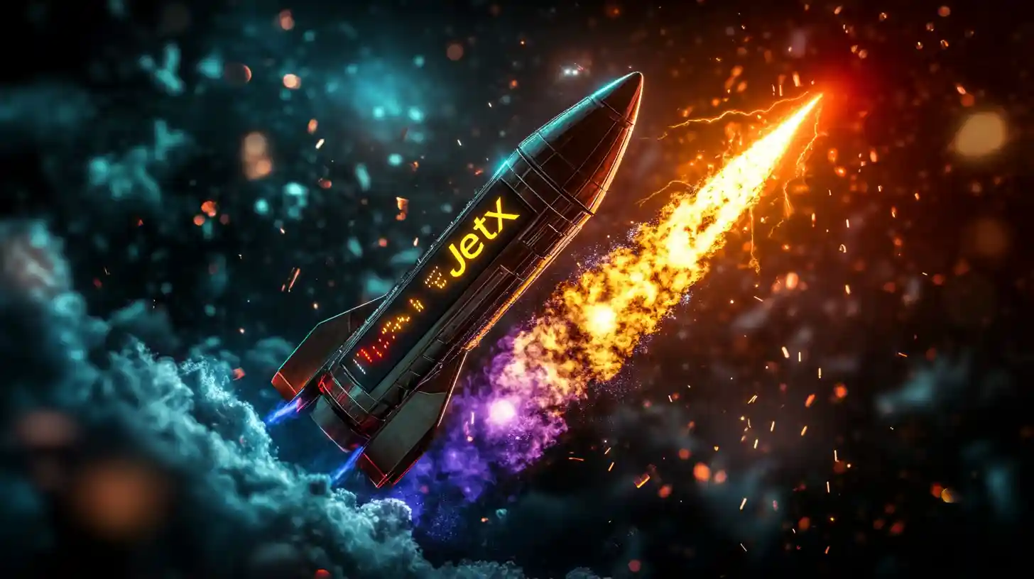 The JetX game rocket launching into space with a fiery trail, representing the high-speed excitement of crash casino games.
