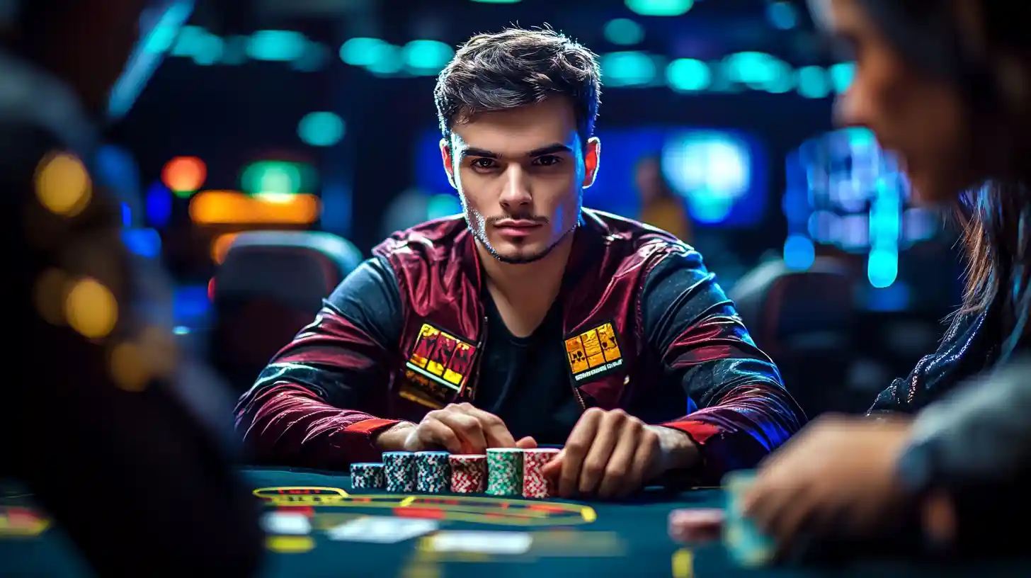 An intense young man sits at a poker table with his chips, concentrating deeply on the game in a high-stakes casino environment.