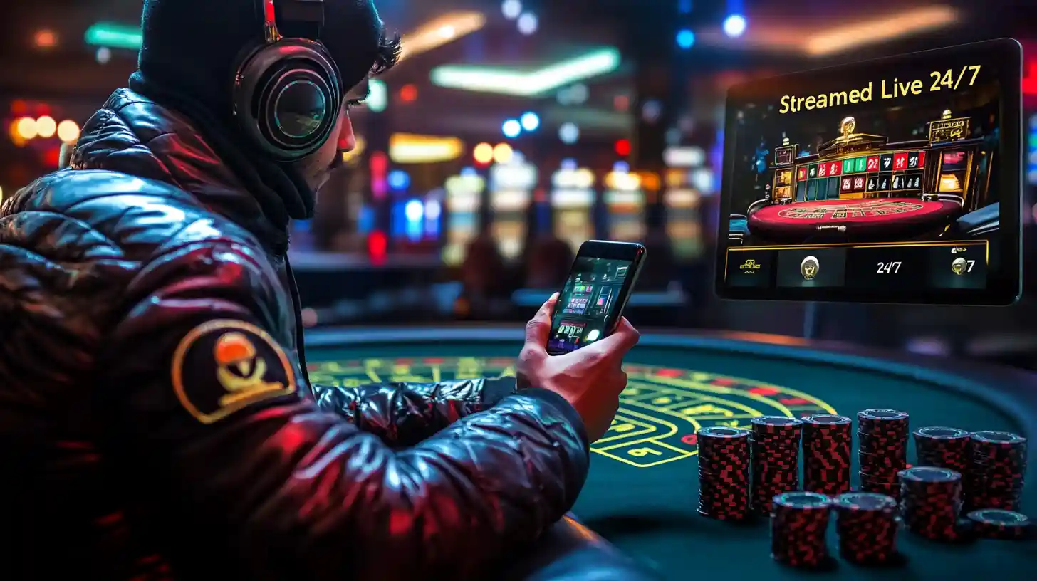 A man with headphones playing on his smartphone, with a floating screen showing a Streamed Live 24/7 casino game, demonstrating an immersive live dealer experience.