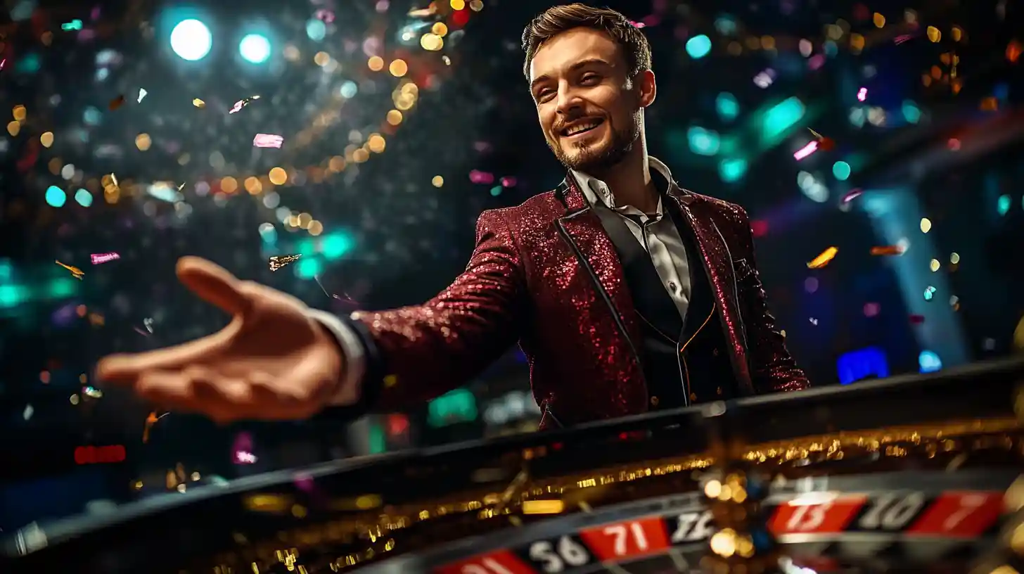 A happy, well-dressed man in a red sequin jacket celebrates a win at the roulette table, with confetti falling around him in a lively casino.