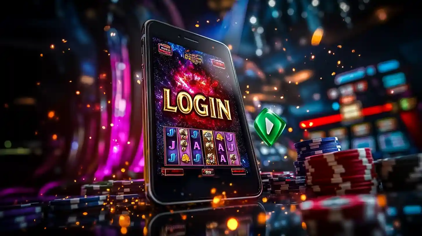 A smartphone with a casino app login screen for an online slot game, set against a backdrop of glowing casino chips and a green play button.
