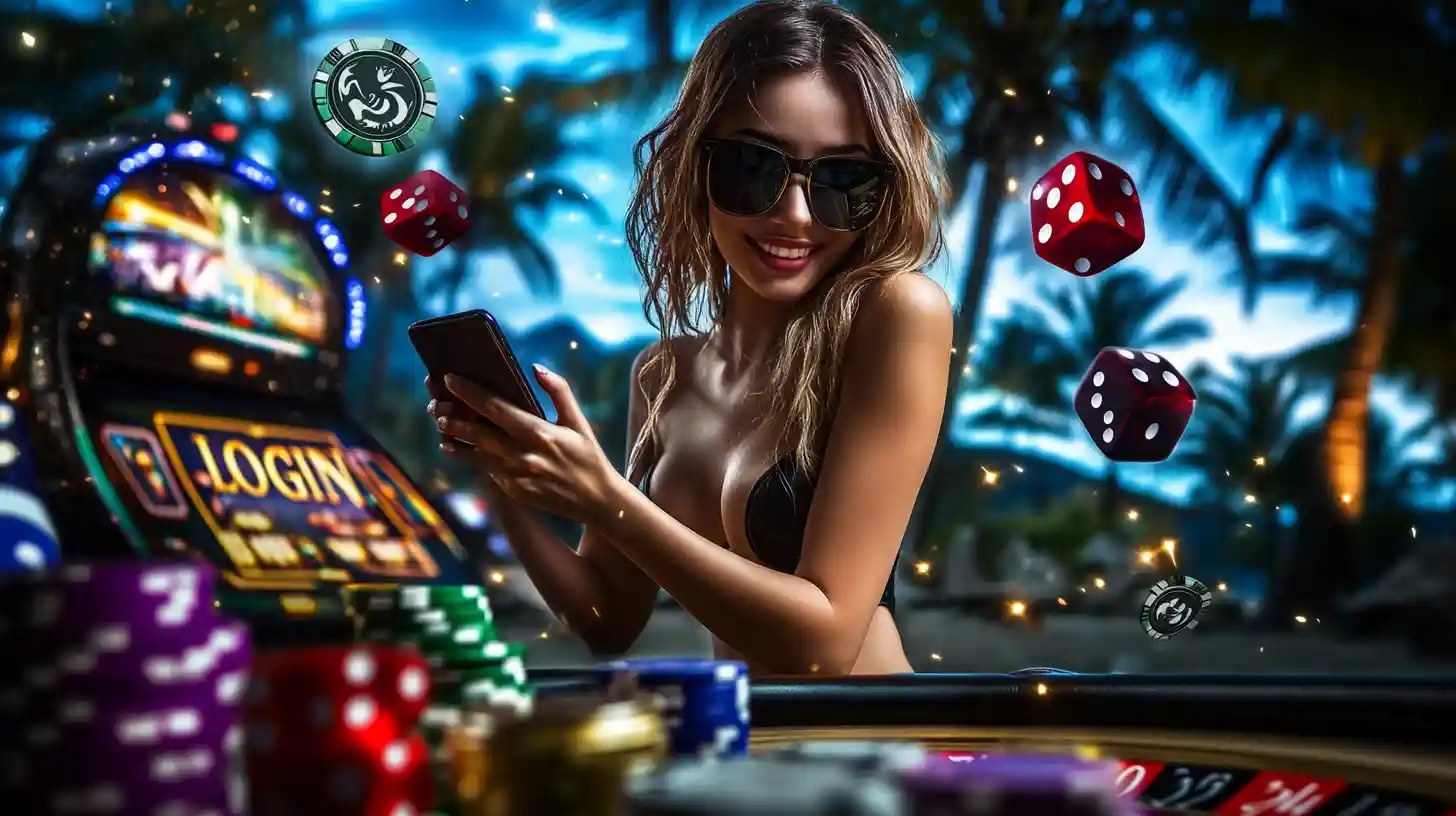A smiling woman in sunglasses uses her smartphone to log into an online casino, with a tropical beach setting, flying dice, and casino chips creating a fun, play-anywhere vibe.