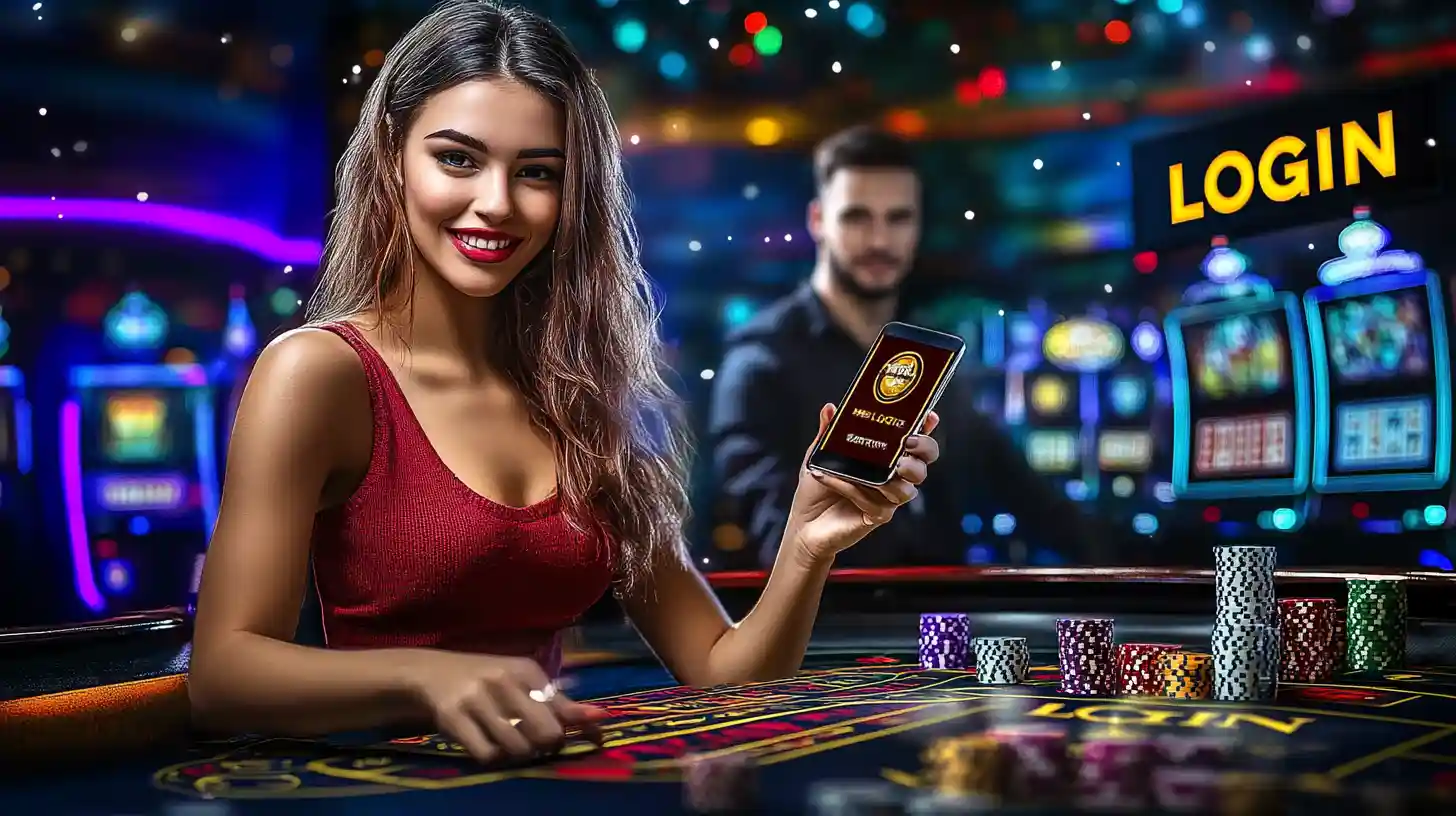 An attractive woman at a casino table holds a smartphone with a LOGIN screen for a poker league app, inviting users to join the online games.