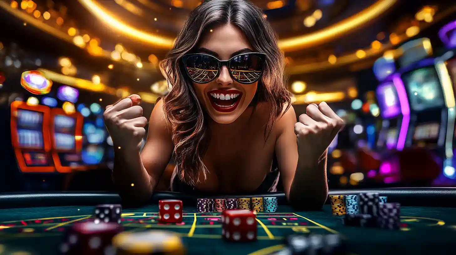 An overjoyed woman with sunglasses celebrates a big win at a craps table, with dice and chips in the foreground and a vibrant casino behind her.