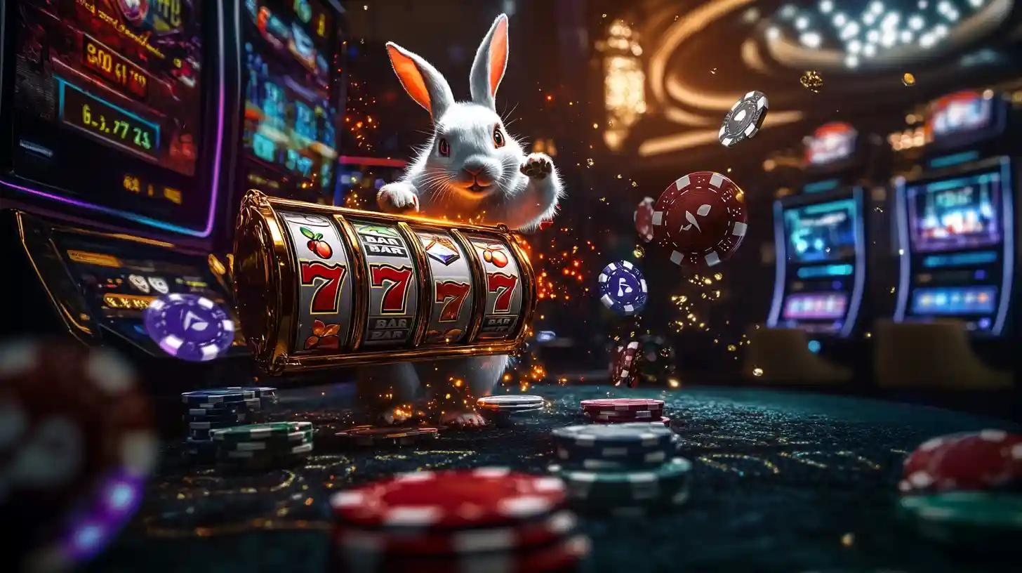 A lucky white rabbit stands behind a slot machine showing a 777 jackpot win, surrounded by casino chips in a playful and fun gaming environment.