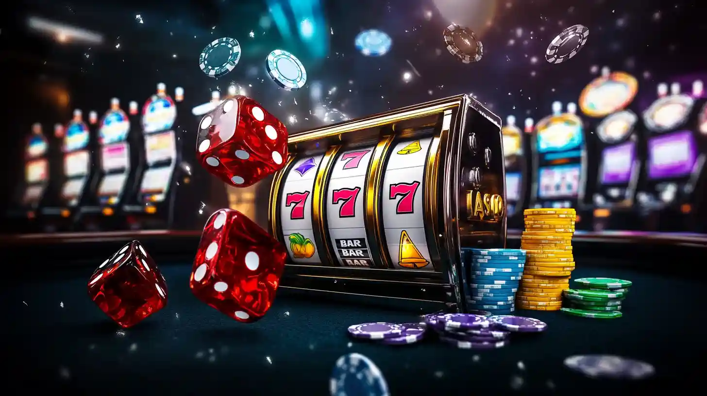 A classic slot machine displaying a 777 jackpot, surrounded by flying red dice and stacks of casino chips, representing the thrill of winning at casino games.